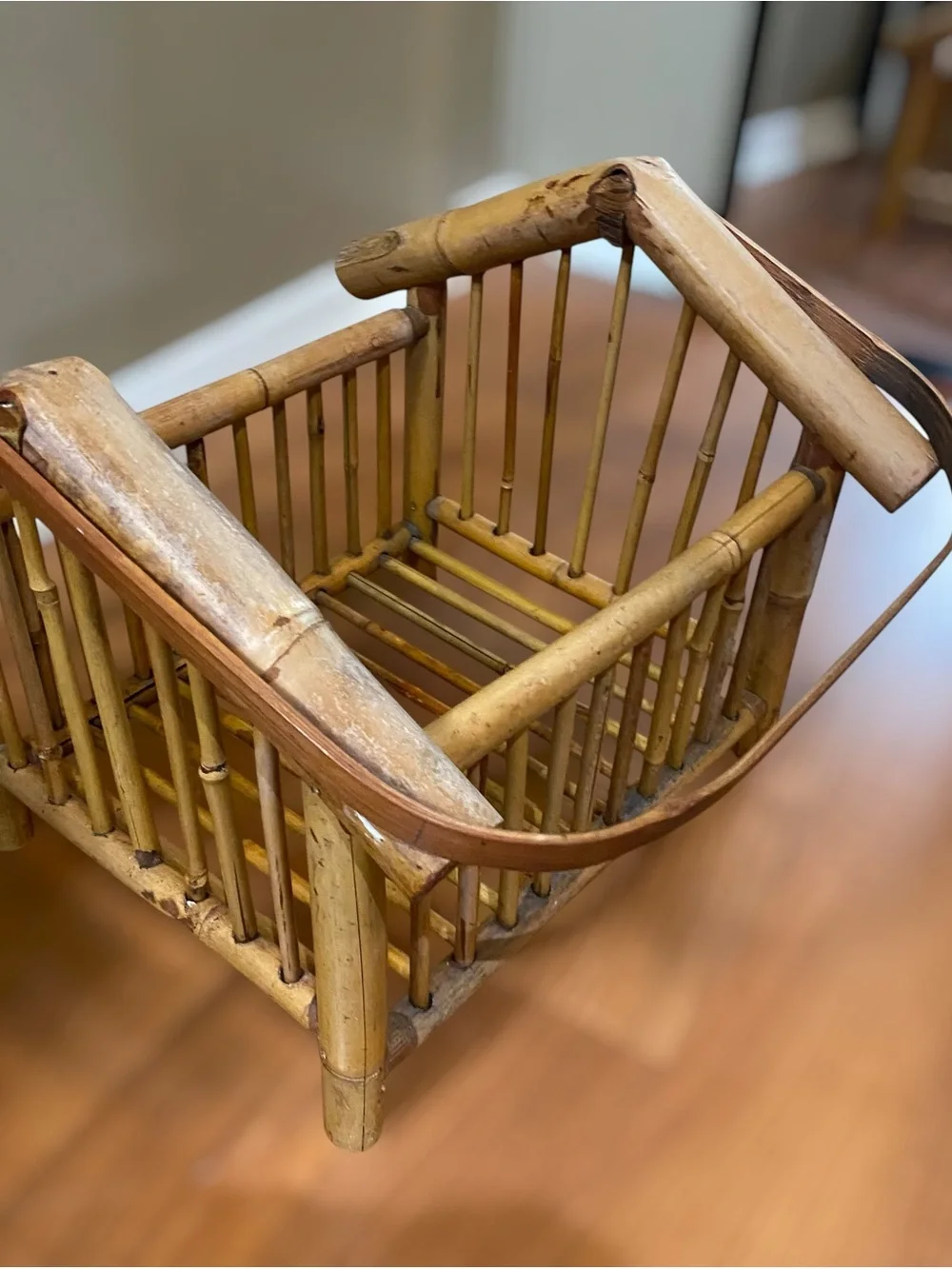 Vintage 60’s Bamboo Square Basket with Handle Magazine Storage Rattan Cane